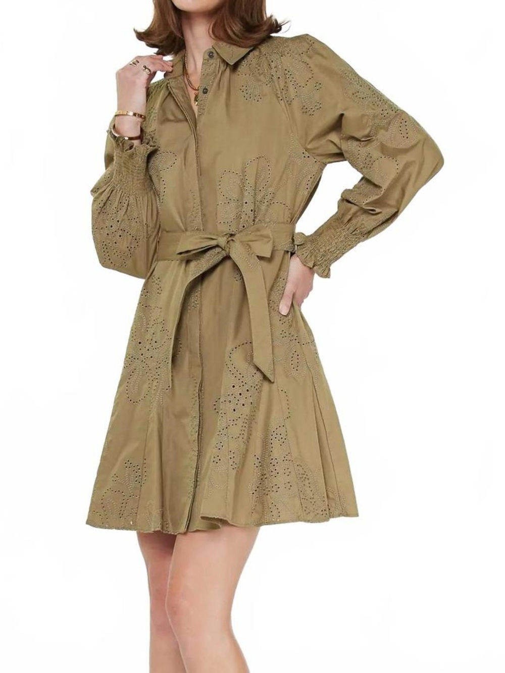 Current Air Olive Eyelet Shirt Dress with Tie Belt